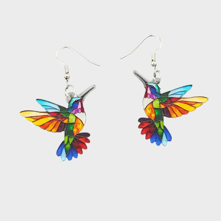 "Colorful Flight" Earrings – Handmade stained-glass style hummingbirds