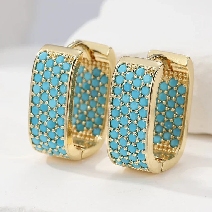 Gold Huggie Earrings with Pavé Turquoise
