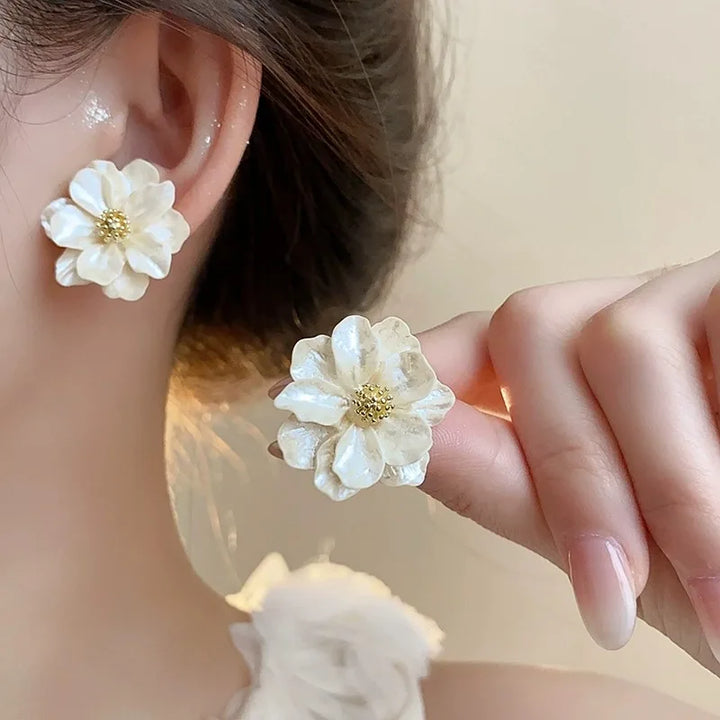 Flower Pendant Earrings in White Acrylic