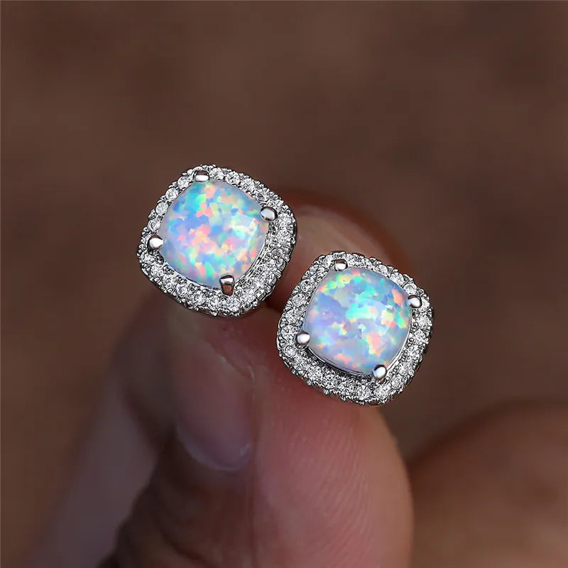 Elegant Silver Earrings with Round White Opals