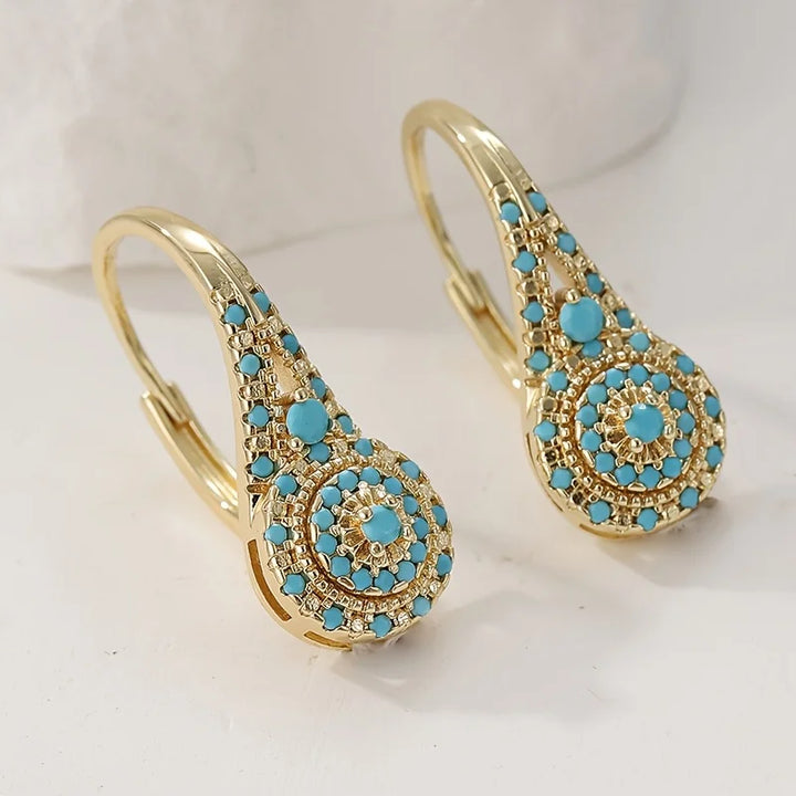 Gold Earrings with Turquoise Mosaic in Tower Shape