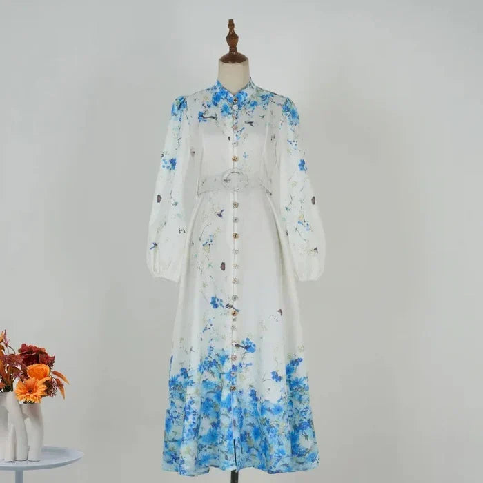 Aoife – Timeless Elegance in Blue Floral Pattern with High Collar