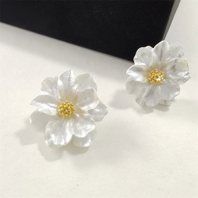 Flower Pendant Earrings in White Acrylic