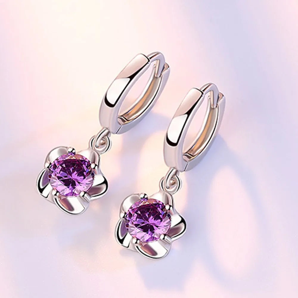 Sterling Silver Earrings with Purple and White Zirconia