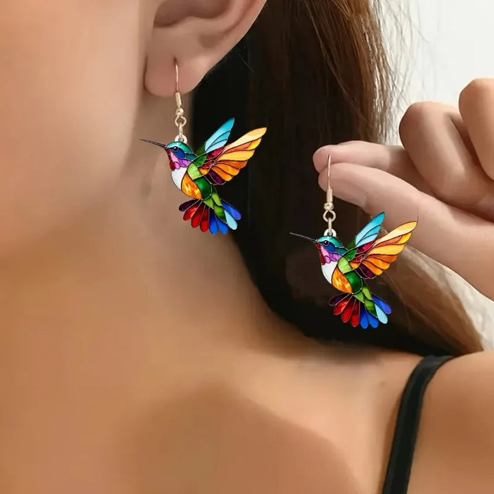"Colorful Flight" Earrings – Handmade stained-glass style hummingbirds