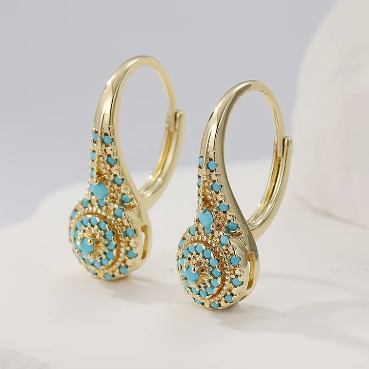 Gold Earrings with Turquoise Mosaic in Tower Shape