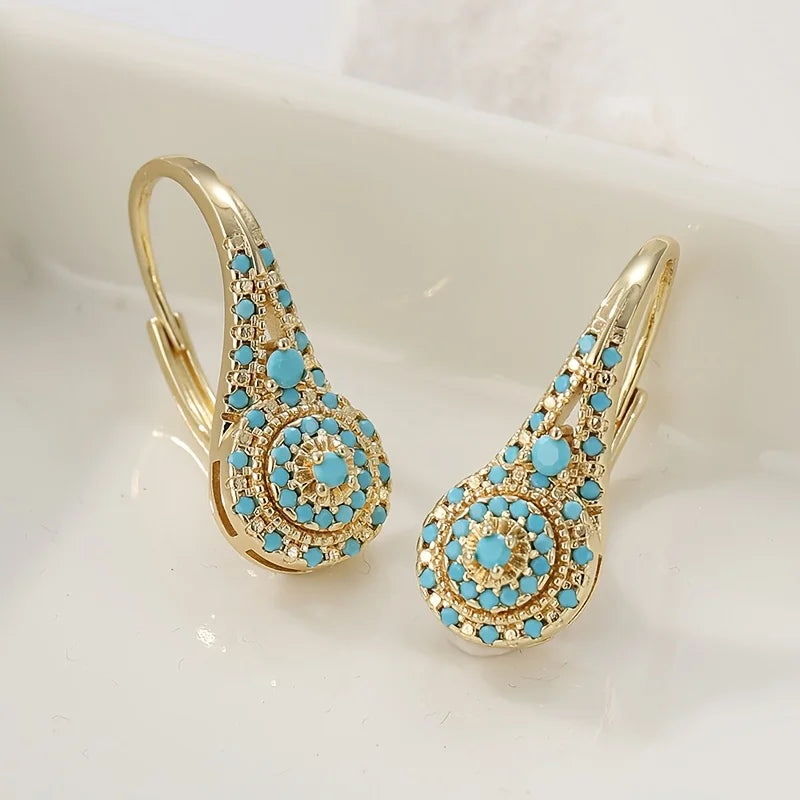 Gold Earrings with Turquoise Mosaic in Tower Shape