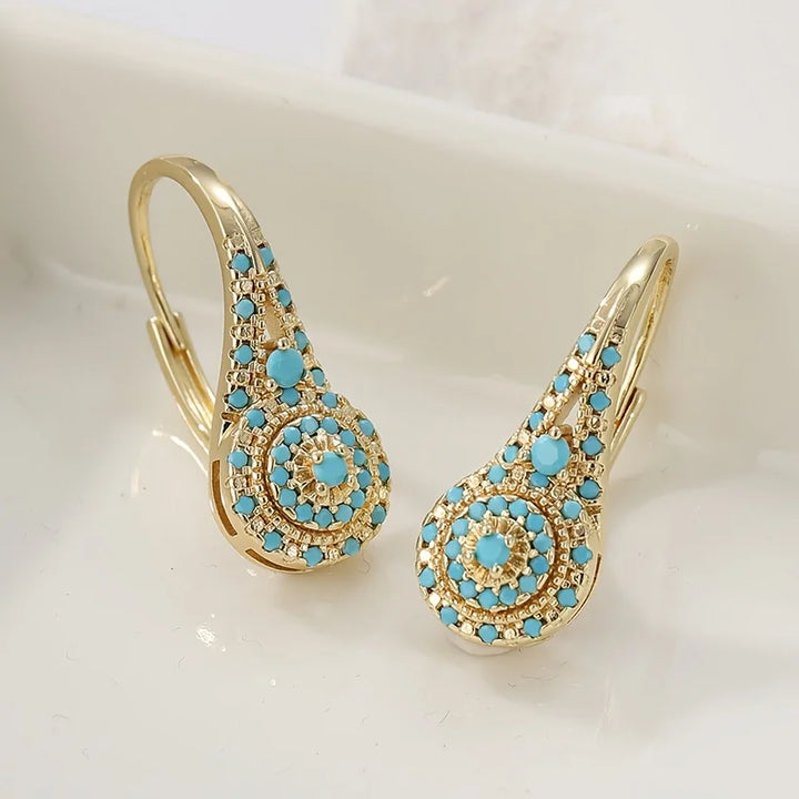 Gold Earrings with Turquoise Mosaic in Tower Shape