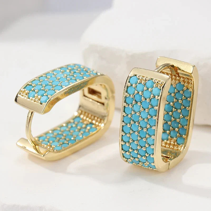 Gold Huggie Earrings with Pavé Turquoise