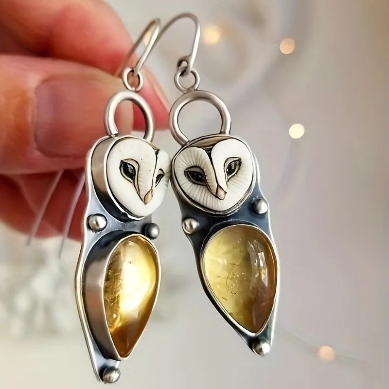 "Night's Wisdom" Earrings – Handmade Owls with Amber