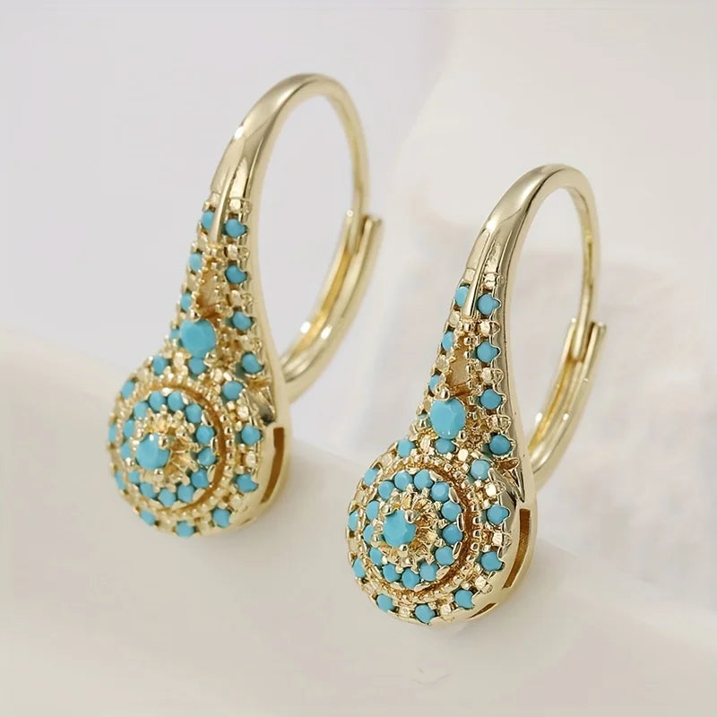 Gold Earrings with Turquoise Mosaic in Tower Shape