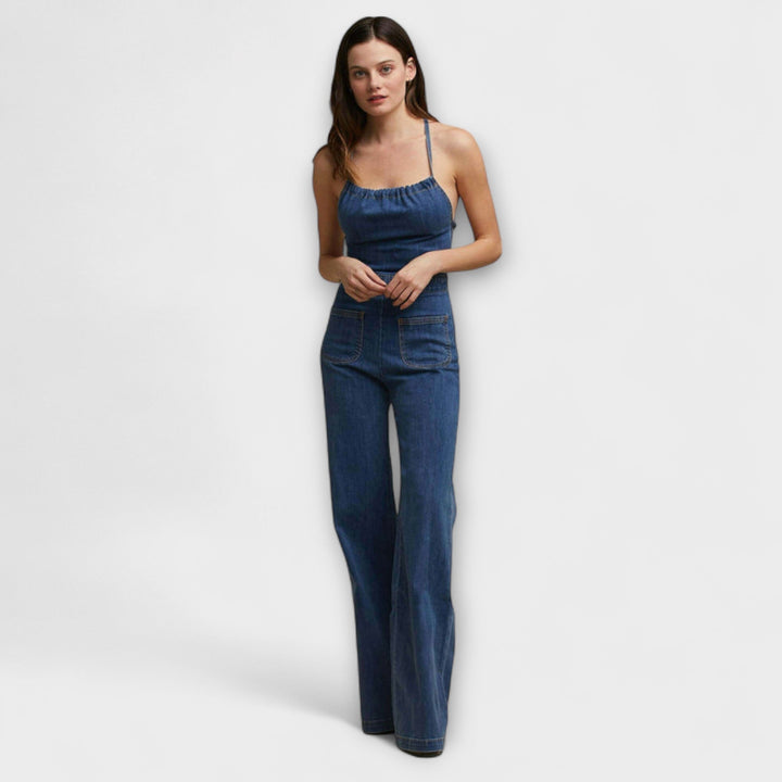 Julie – Denim Wide-Leg Jumpsuit with Tie Detail