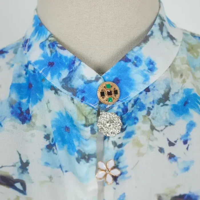 Aoife – Timeless Elegance in Blue Floral Pattern with High Collar
