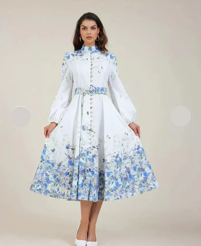 Aoife – Timeless Elegance in Blue Floral Pattern with High Collar