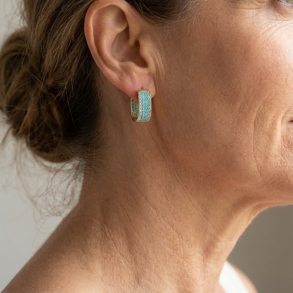 Gold Huggie Earrings with Pavé Turquoise