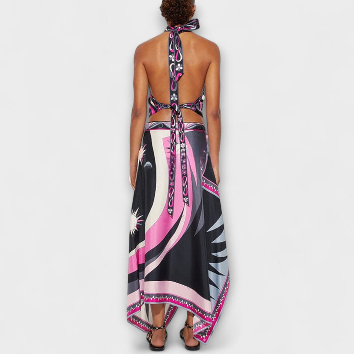 Saoirse – Halterneck Top and Asymmetric Midi Skirt Set