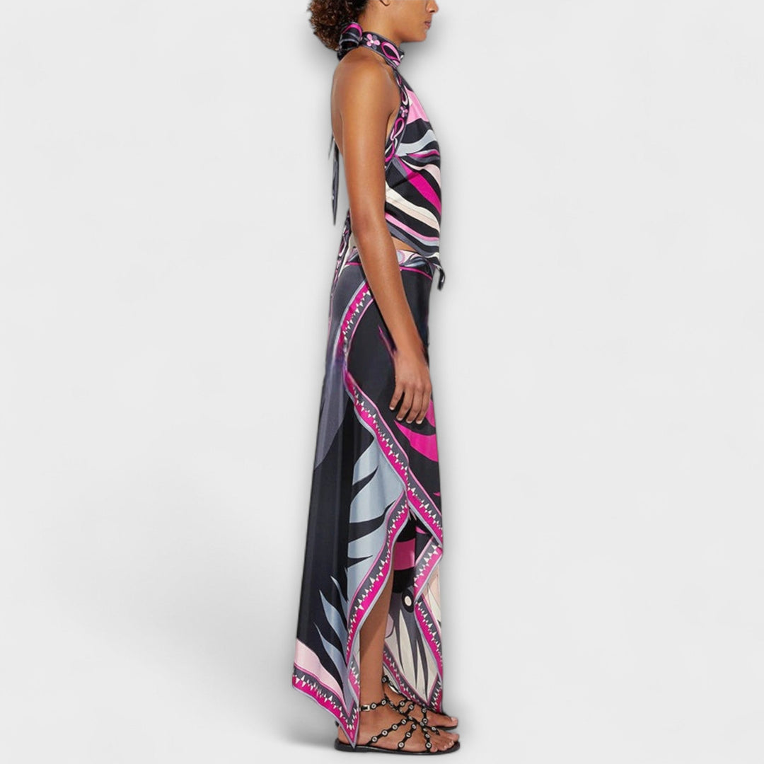Saoirse – Halterneck Top and Asymmetric Midi Skirt Set