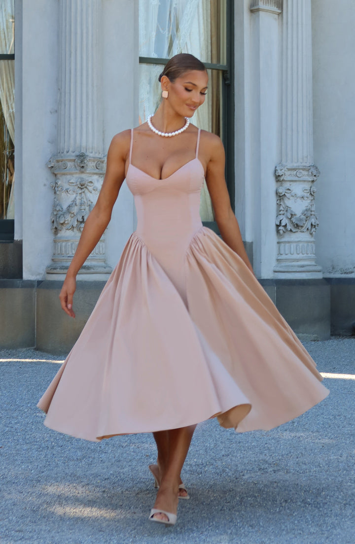 Leonora – Elegant Midi Dress for Women with Fitted Bodice and Voluminous Skirt