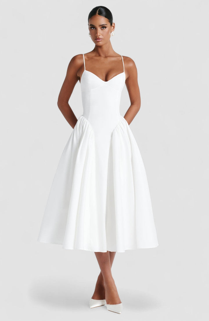 Leonora – Elegant Midi Dress for Women with Fitted Bodice and Voluminous Skirt