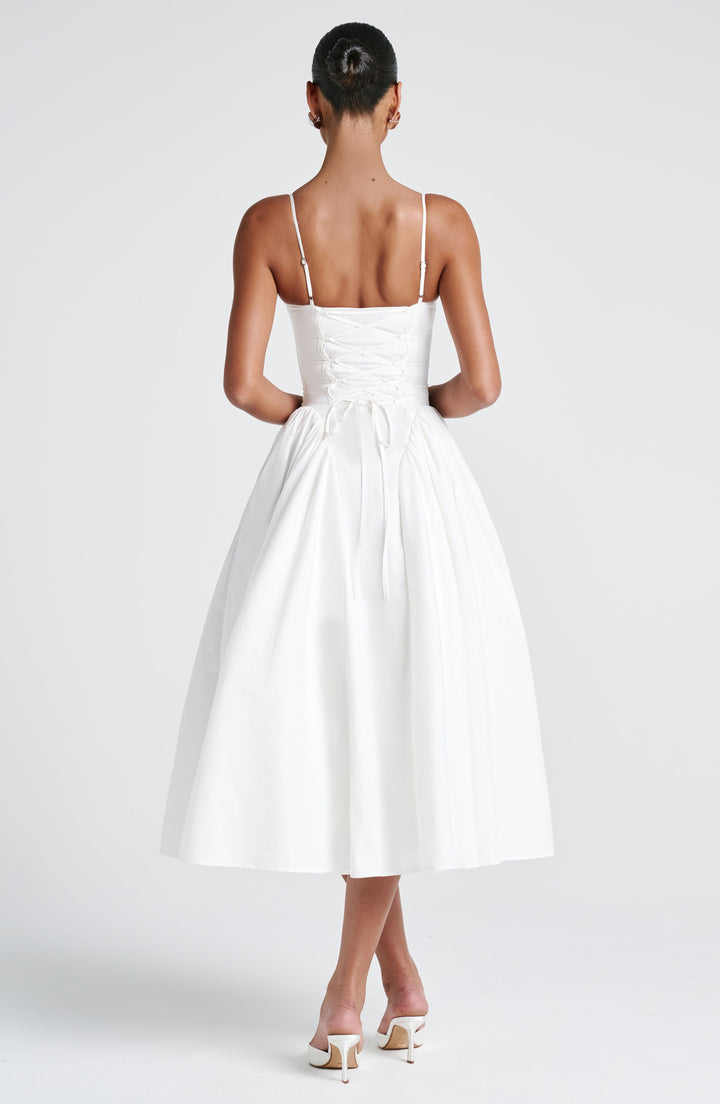 Leonora – Elegant Midi Dress for Women with Fitted Bodice and Voluminous Skirt