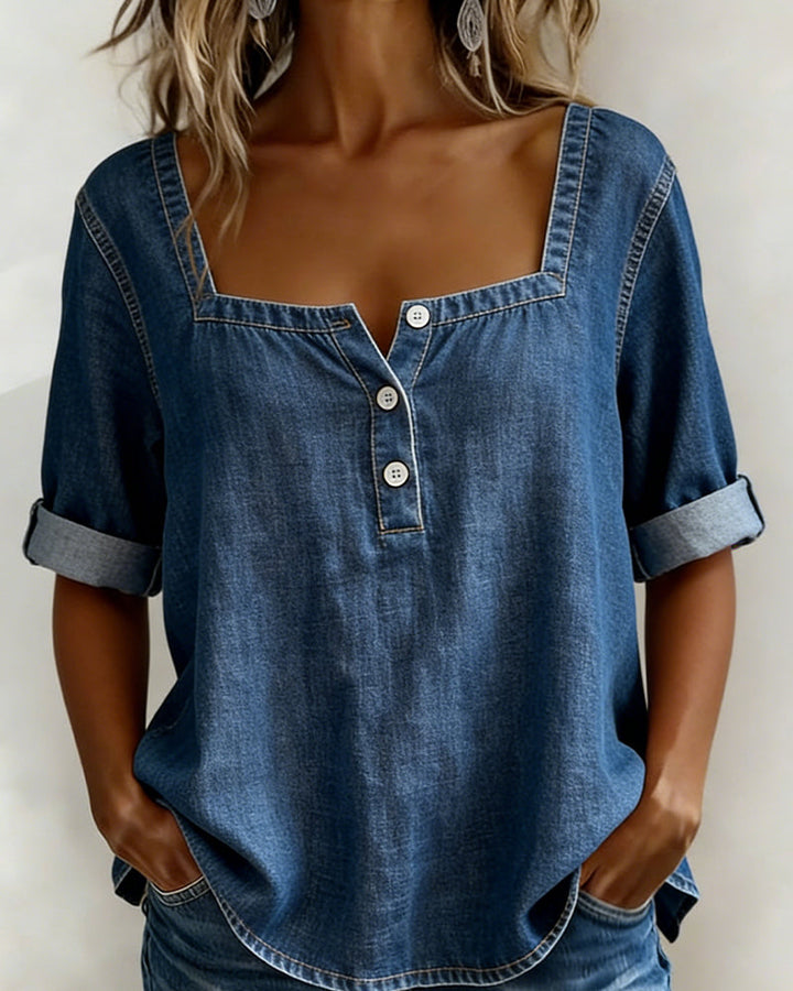 Róisín™ | Denim Shirt with Square Collar