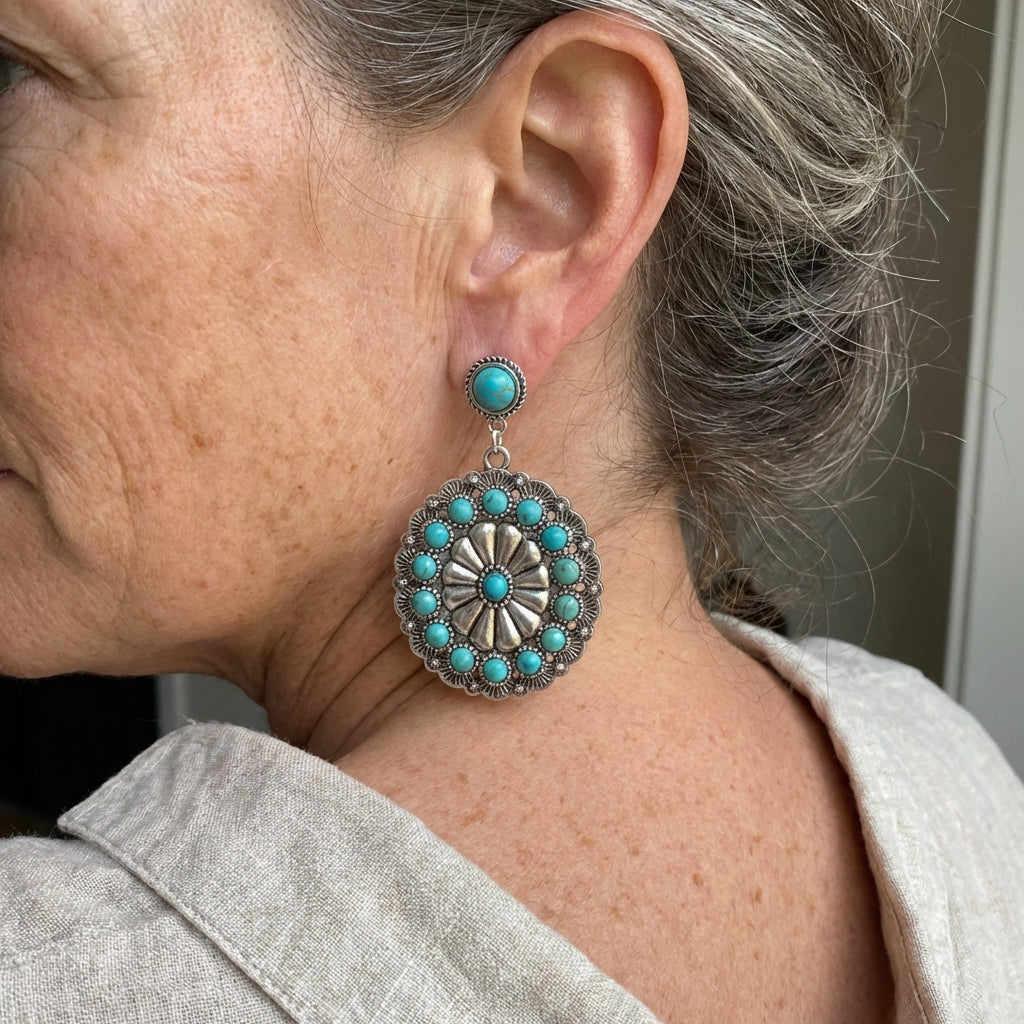 Vintage Medallion Earrings with Turquoise and Pearls