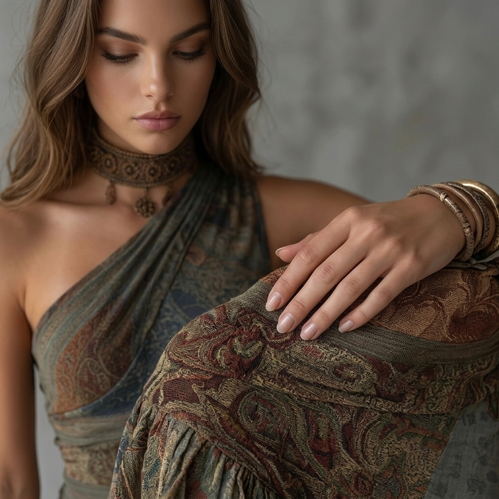 Niamh - Long Asymmetric Dress with Ethnic Print and High Slit