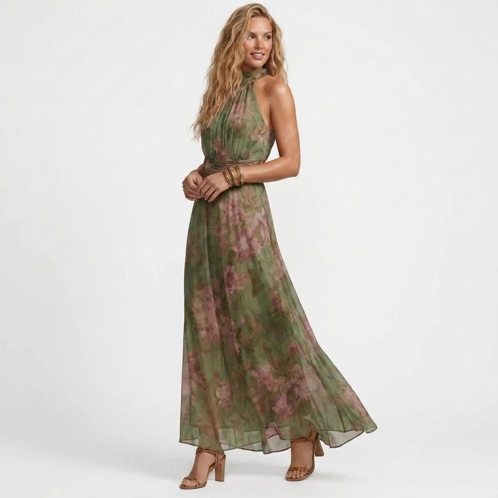 Niamh - Green Maxi Dress with Floral Print