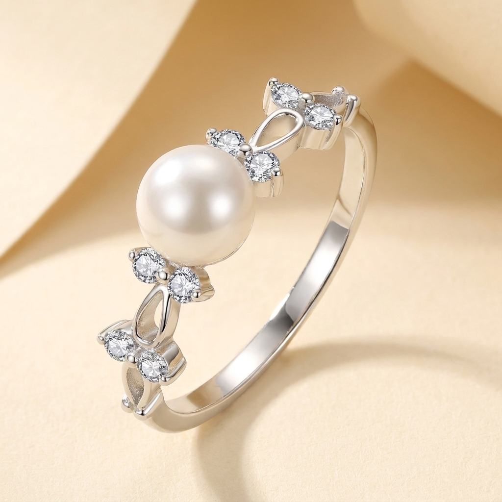 Lærke – Fine pearl ring with gold chain