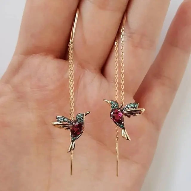 Hummingbird Earrings in Gold and Crystals