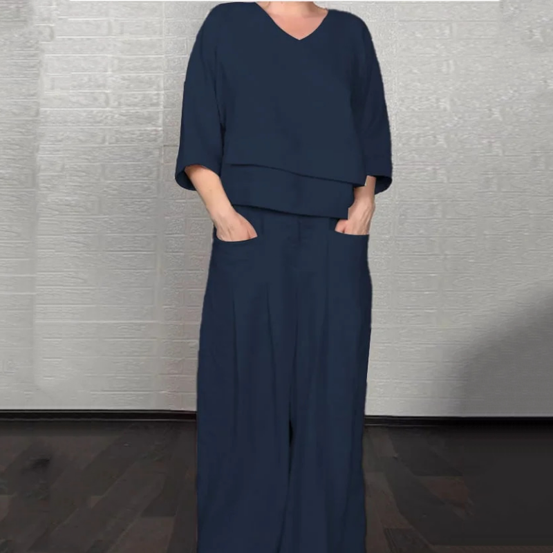 Two-Piece Set in Cotton and Linen with Short Sleeves