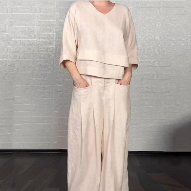 Two-Piece Set in Cotton and Linen with Short Sleeves