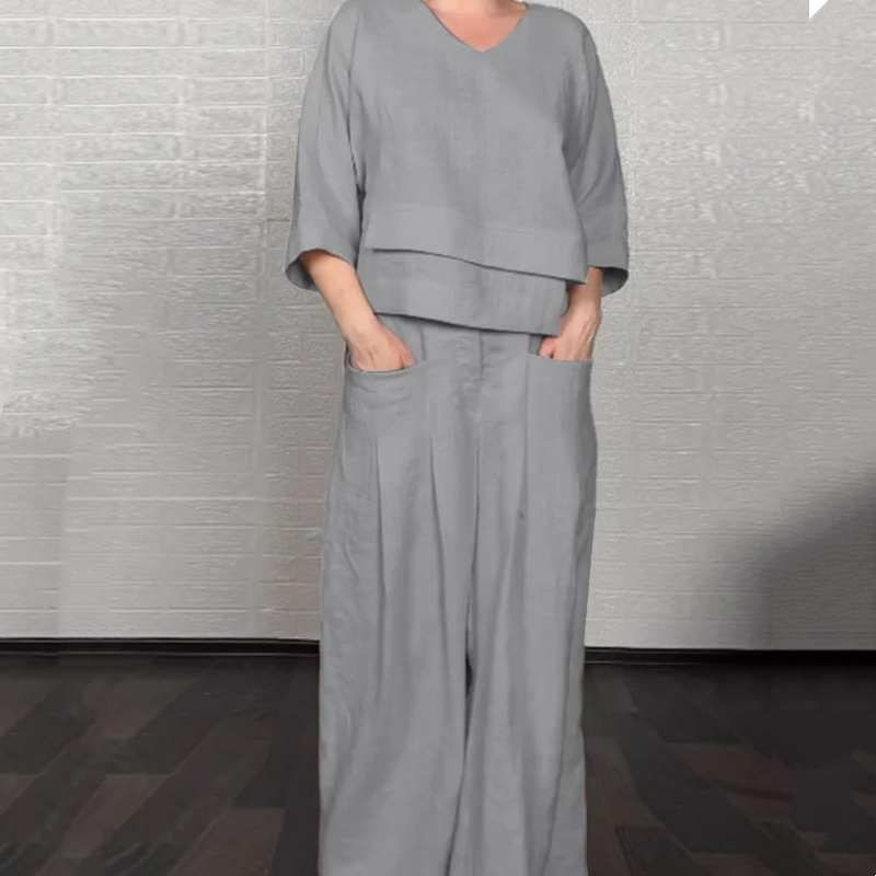 Two-Piece Set in Cotton and Linen with Short Sleeves