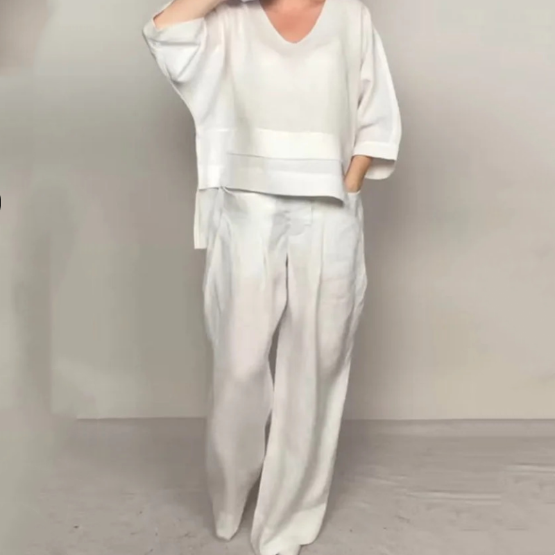 Two-Piece Set in Cotton and Linen with Short Sleeves